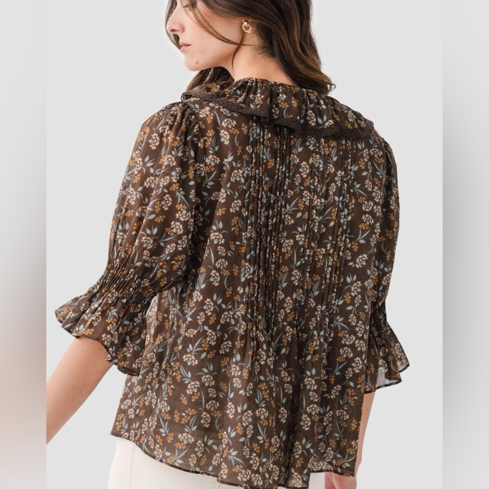 Fate 100% Cotton Floral Ruffle Pintuck‎ Blouse - Earthy Boho Brown S - Picture 2 of 7